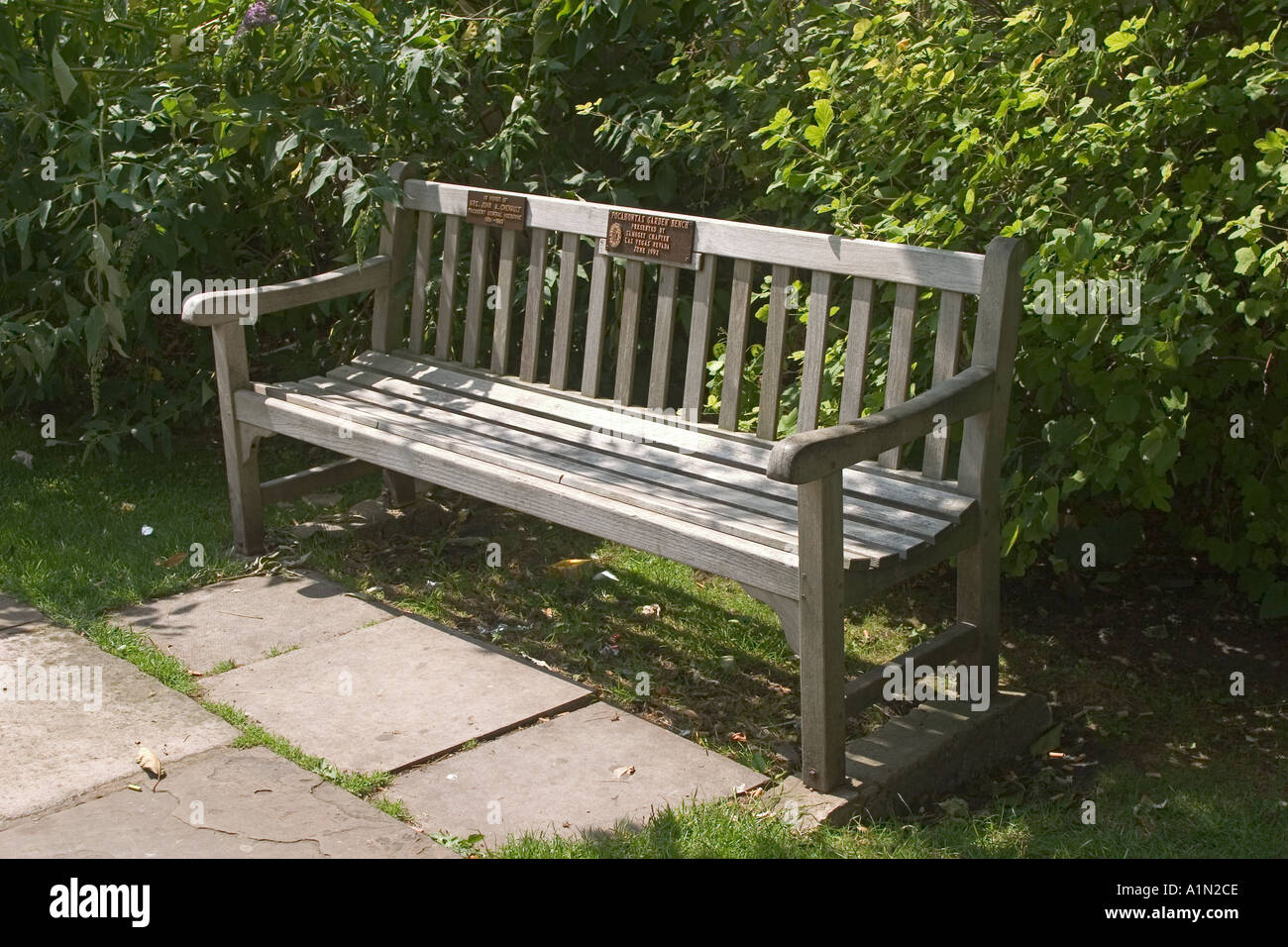 Pocahontas Garden Bench at St George Parish Church Gravesend Kent UK presented by Samoset Chapter Las Vegas Nevada USA Stock Photo