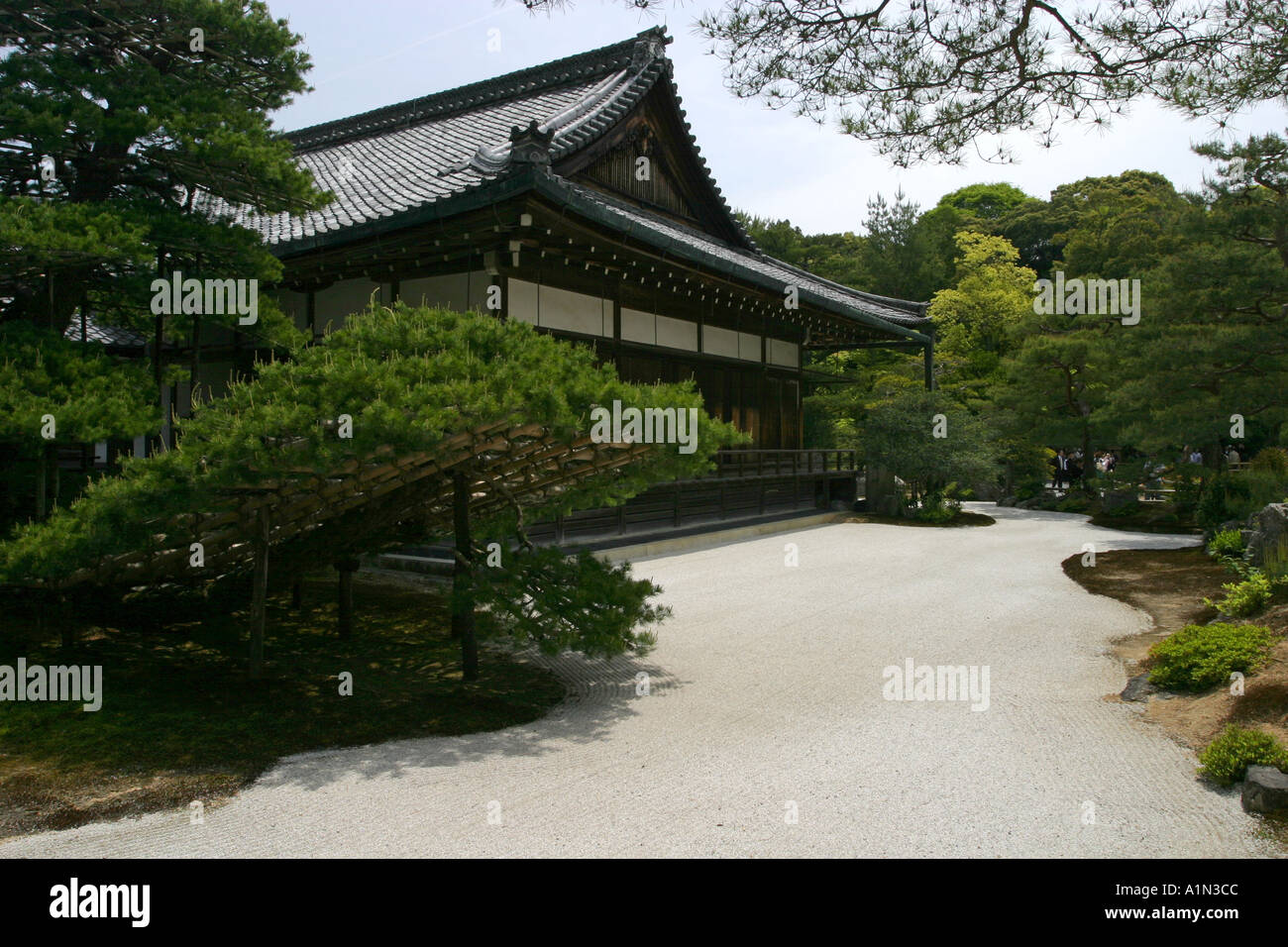 Typical Japanese Asian Oriental Zen stone garden at the Golden temple pavillion in Kyoto Kansai Japan Asia Stock Photo