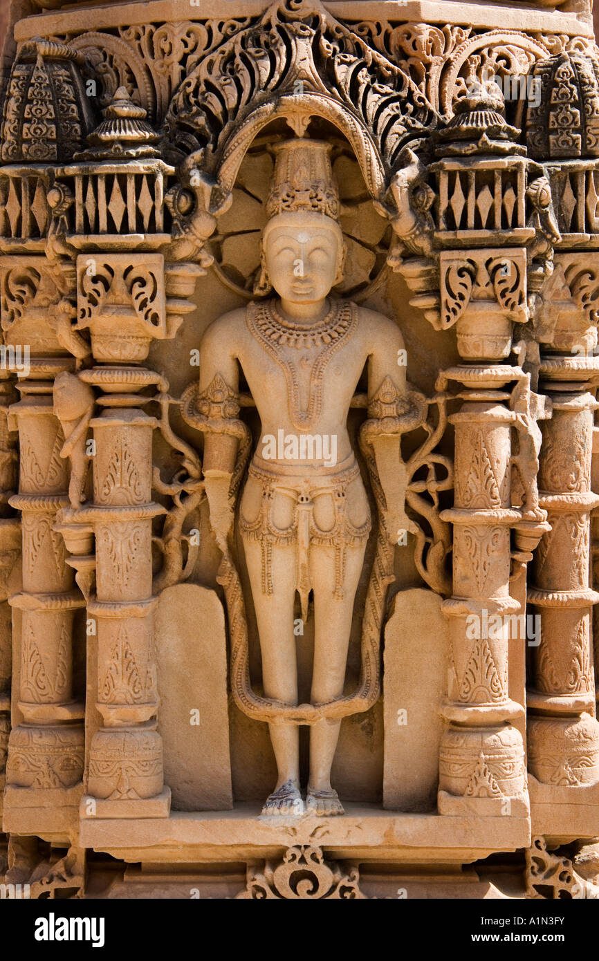 Intricate carving in the Mahavira Hindu Temple in the town of Osian near Jodhpur in Western Rajasthan India Stock Photo
