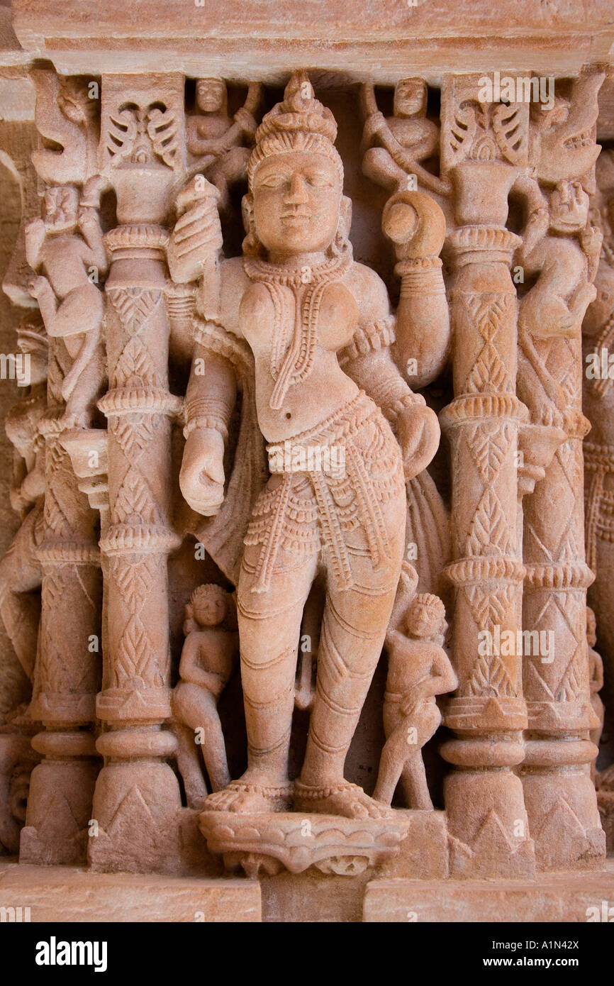 Intricate carvings in the Mahavira Hindu Temple in the town of Osian near Jodhpur in Western Rajasthan India Stock Photo