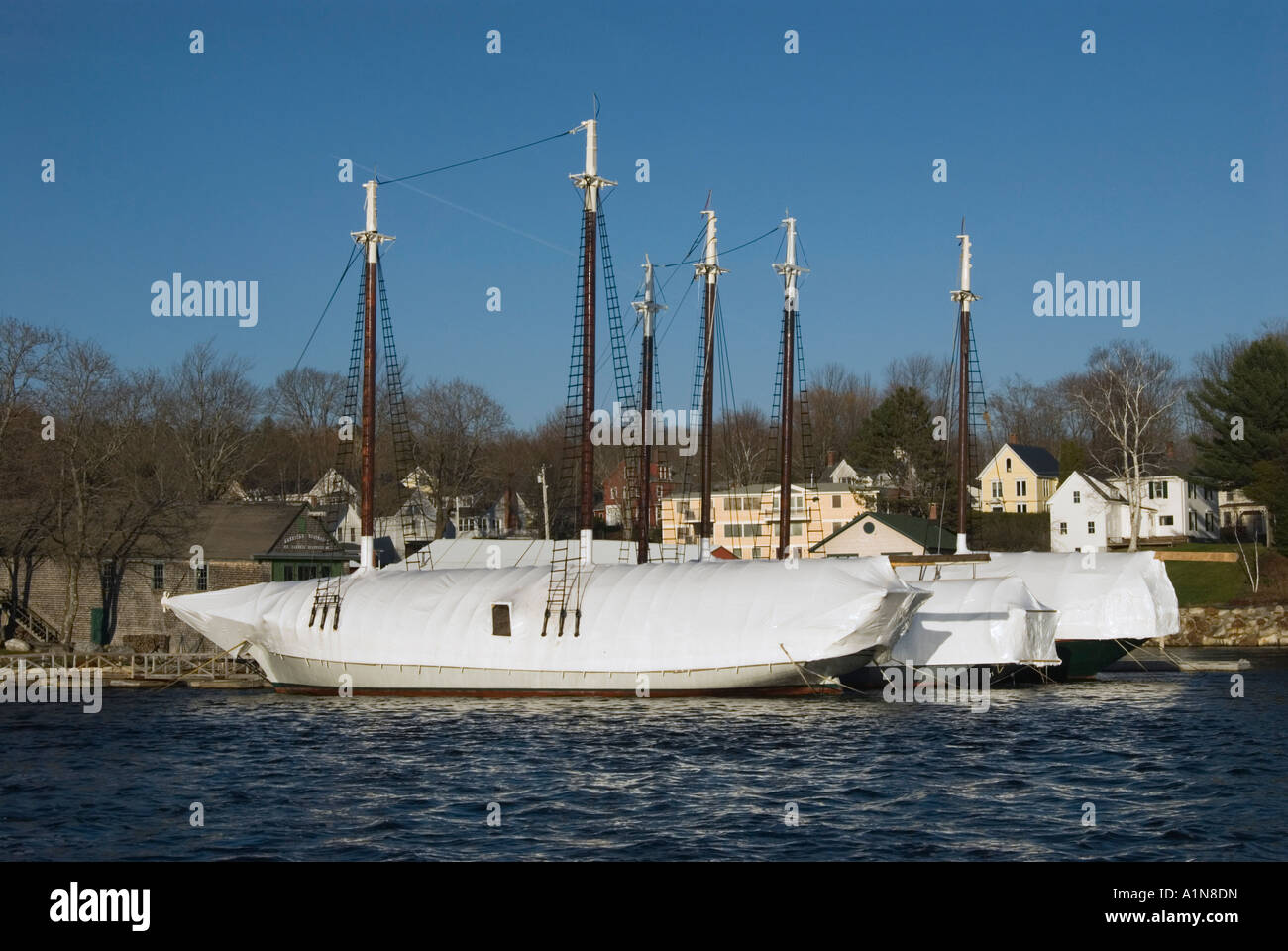 Boats Sealed up for Winter in Camden Harbor, Maine Stock Photo