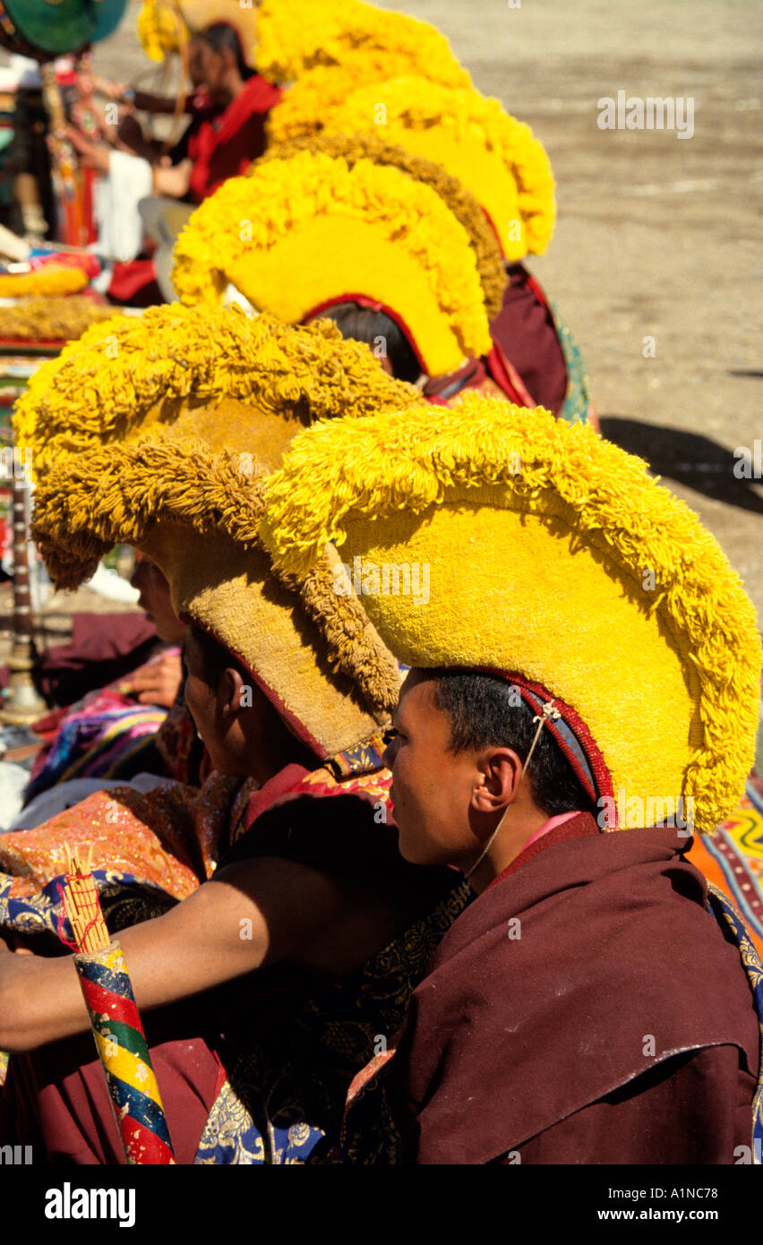 monks of the ancient Bon religion play a traditional role as they parade at the Naqu,Nagqu annual horse festival,Northern Tibet Stock Photo
