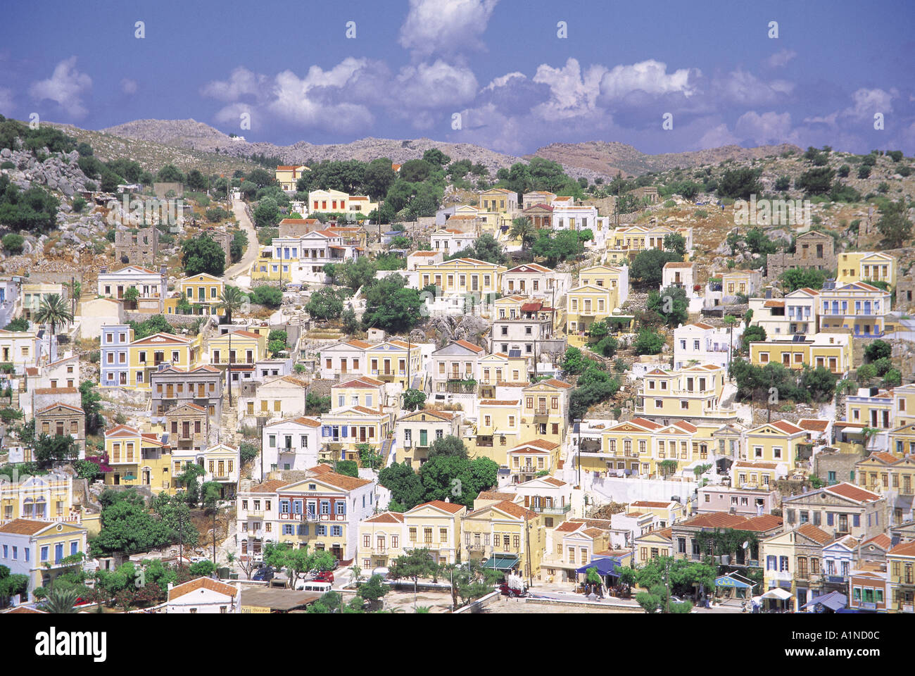 Italianate houses on the island of Symi in the Dodecanese chain, Greece Stock Photo