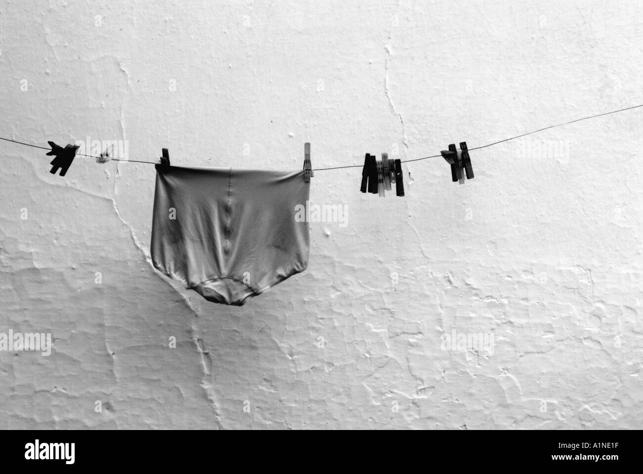 Washing hanging on line Skiathos Greece Stock Photo