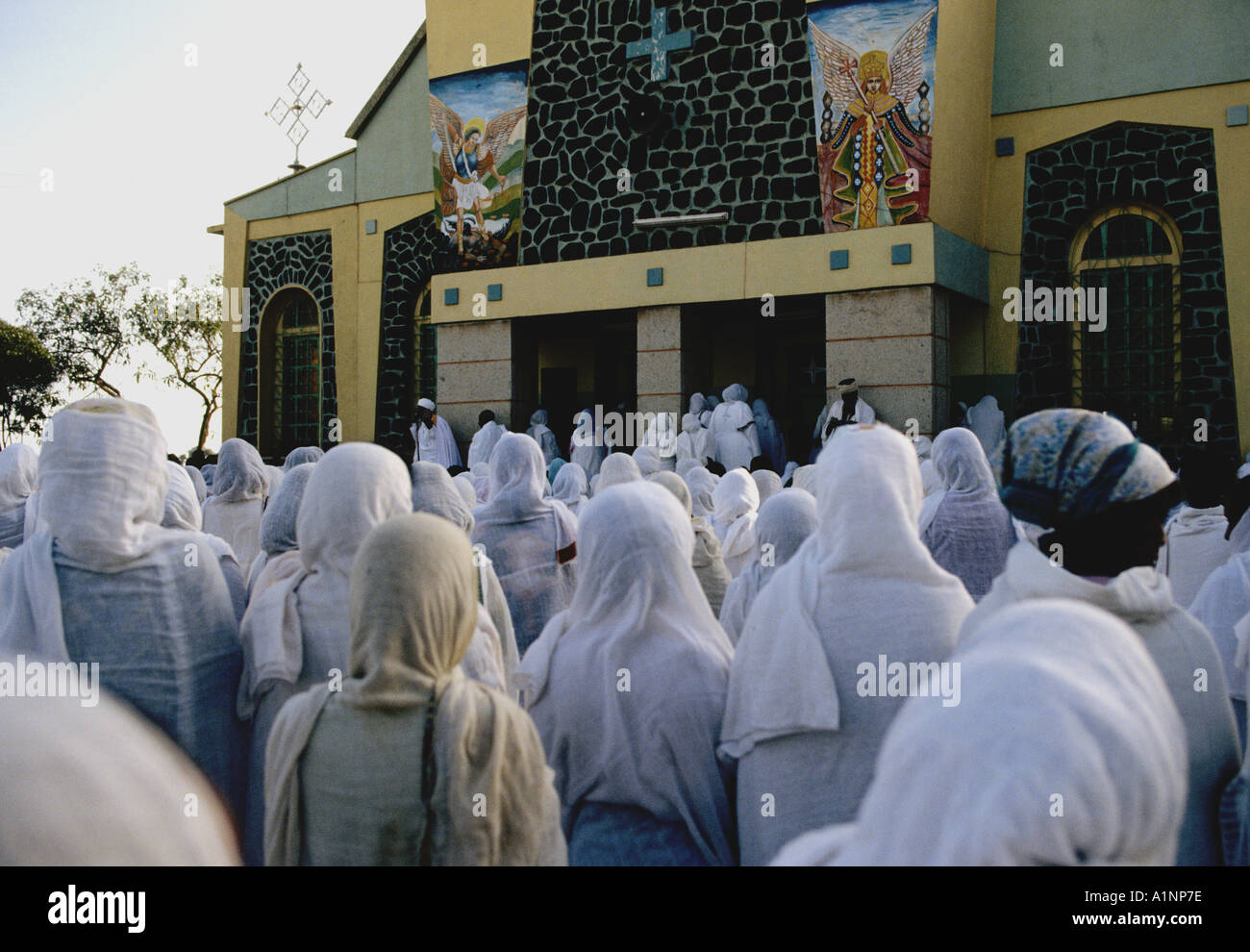 White clad Ethiopian women gather for a religious feast day Stock Photo