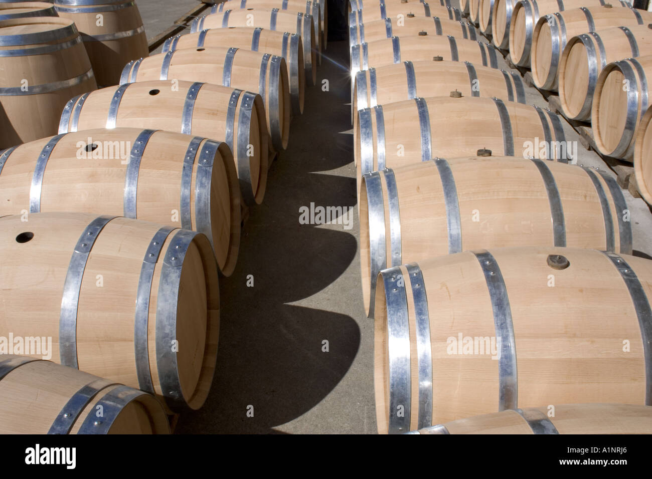 Line of wine Barrels, New Zealand Stock Photo Alamy