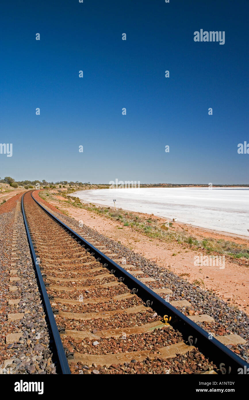 Railway Line by Lake Hart Stuart Highway near Woomera Outback South Australia Australia Stock Photo
