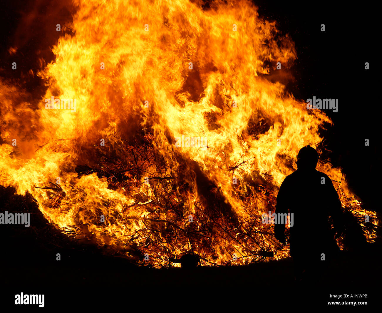 Fireman silhouetted in front of a huge fire bonfire while burning old christmas trees a custom in the Netherlands early january Stock Photo