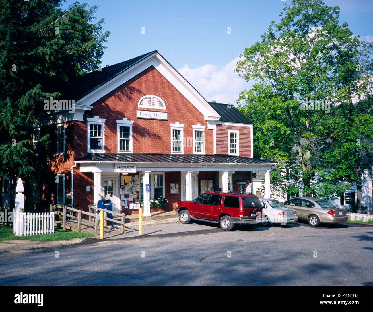 The village of Grafton, east of Manchester, Vermont, USA, has many fine old buildings. The Town Hall Post Office is seen here Stock Photo