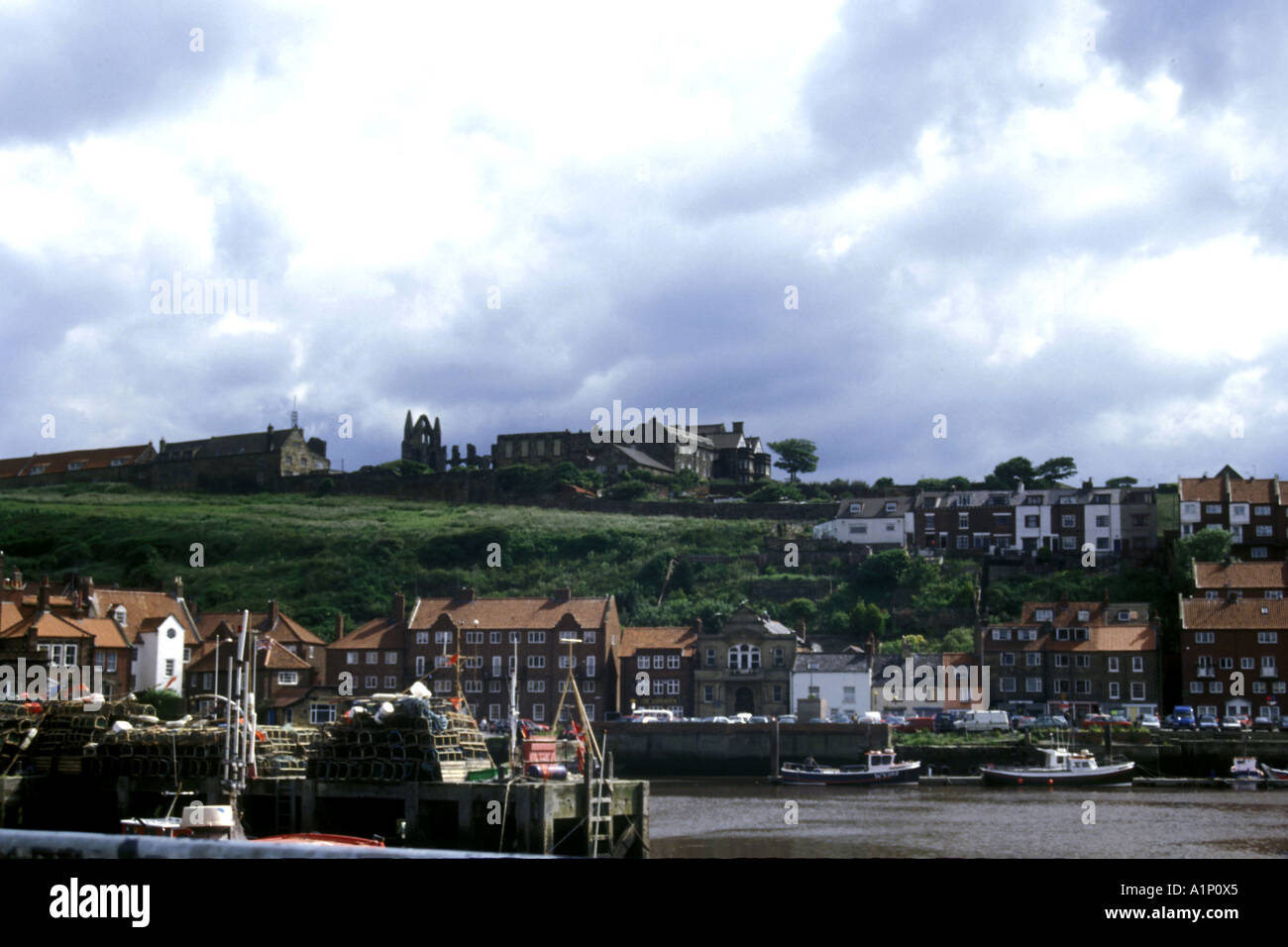 The old ruined Abbey on top of the hill overlooking Whitby Stock Photo Alamy