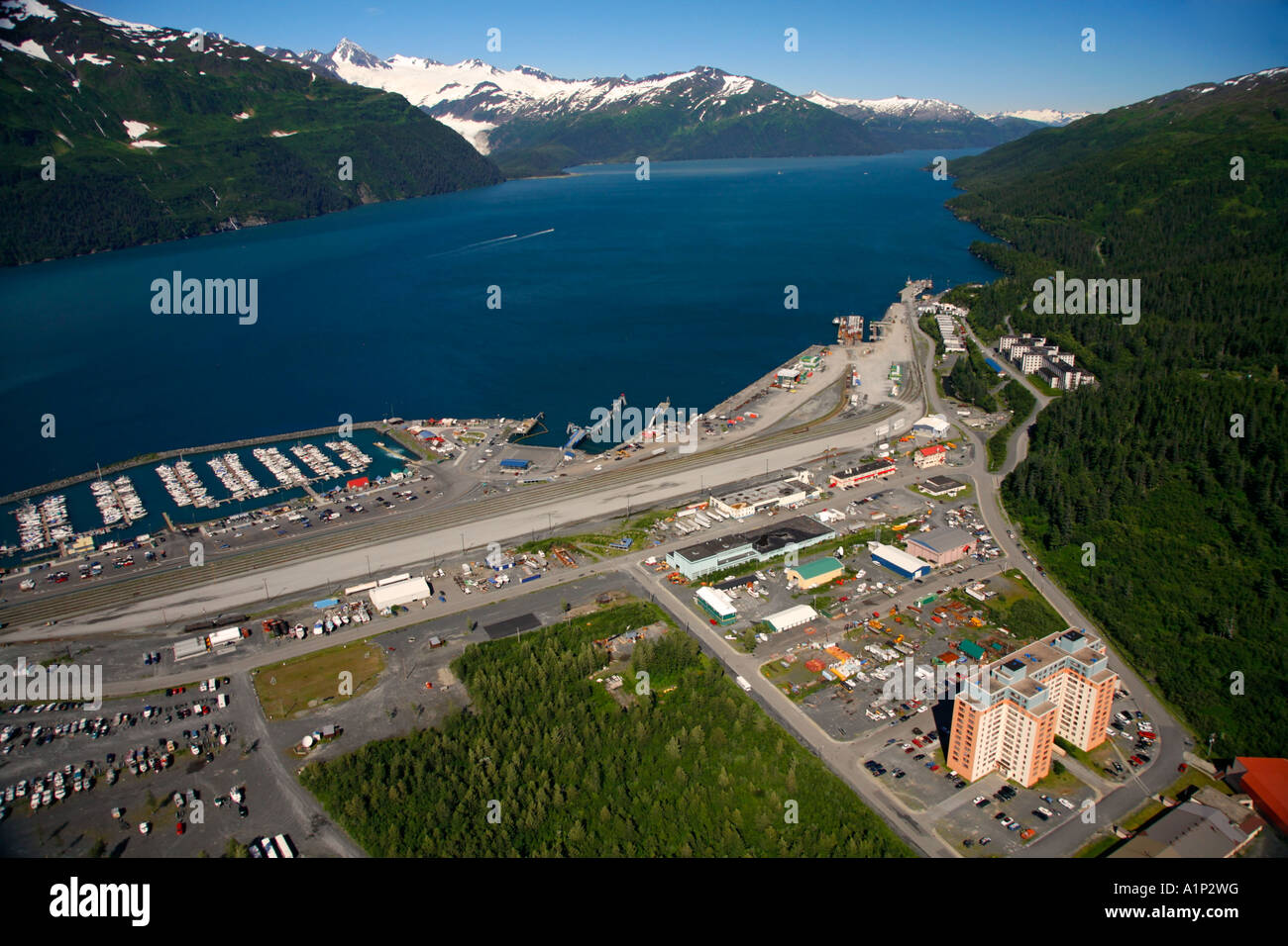 Aerial of the city of Whittier Chugach National Forest Alaska Stock Photo