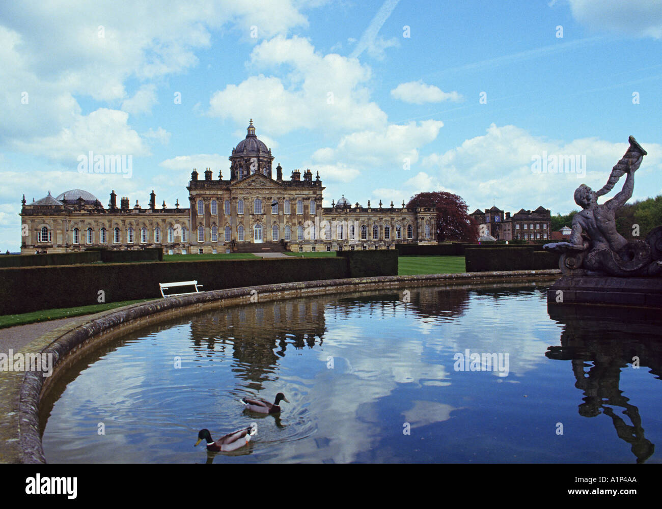 England North Yorkshire Castle Howard ducks in fountain Stock Photo