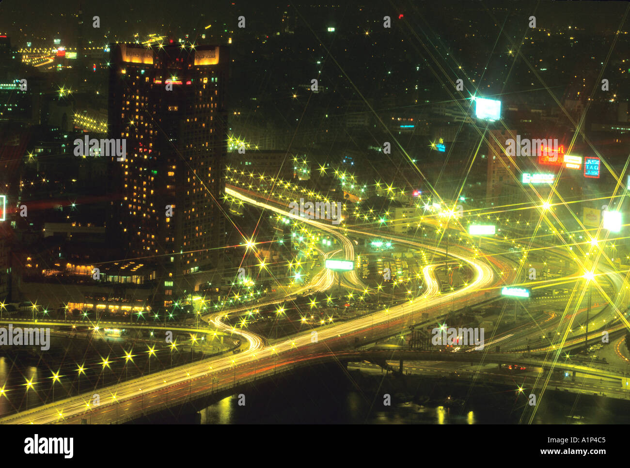 Aerial View of Cairo and the Nile River at night Cairo Egypt Stock ...