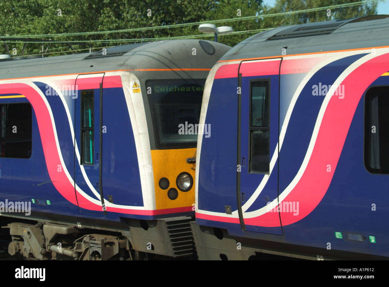 Graphic designs used on railway carriages to identify train operating company First Great Eastern Stock Photo