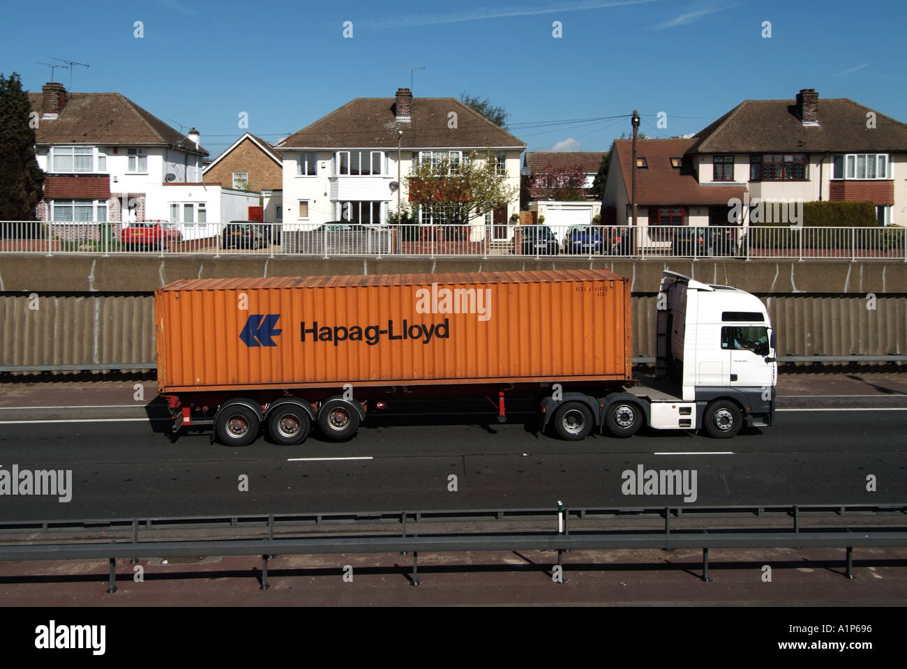 Shipping container lorry on A12 dual carriageway trunk road beside