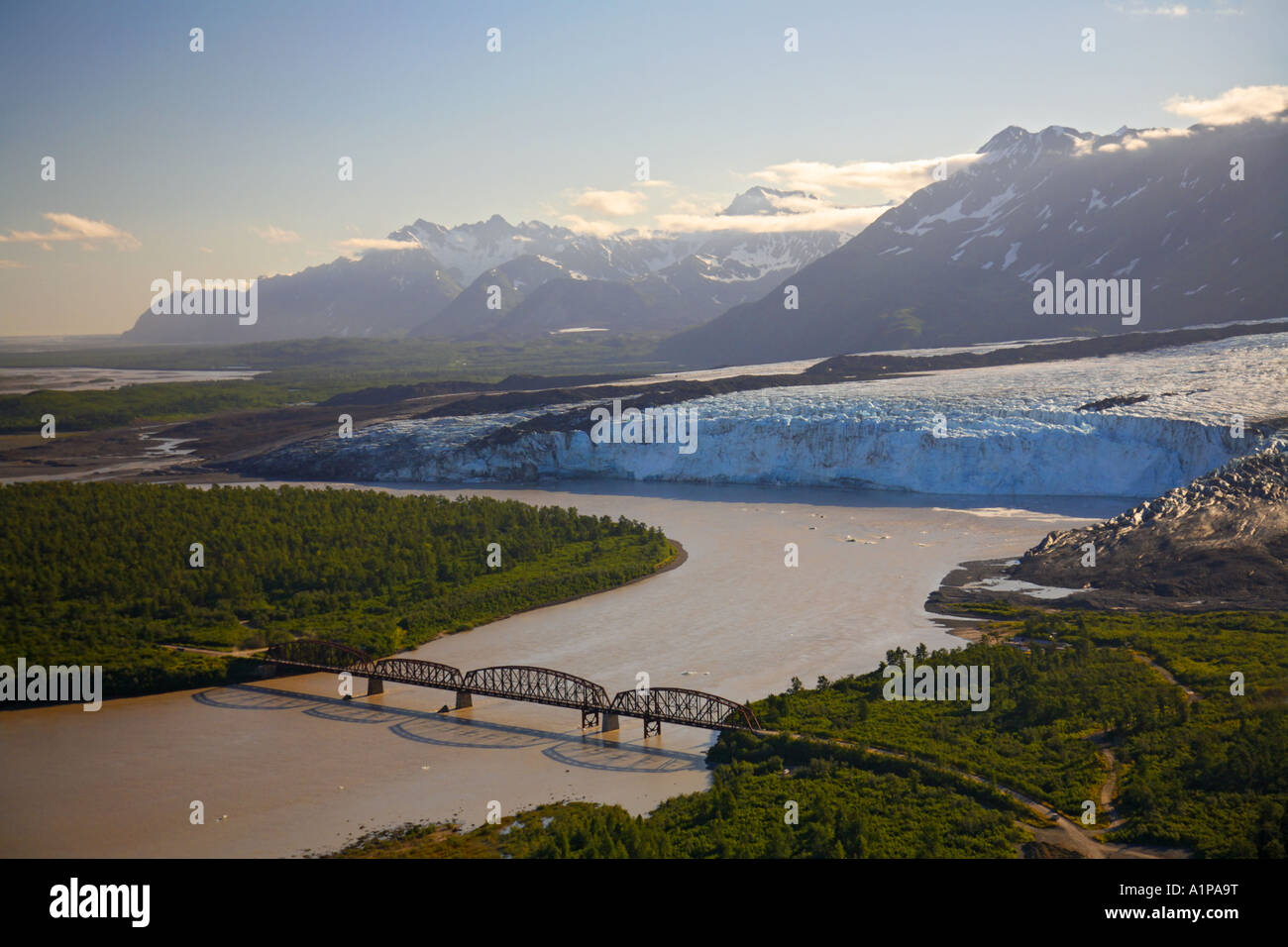 Aerial Childs Glacier Million Dollar Bridge and the Copper River