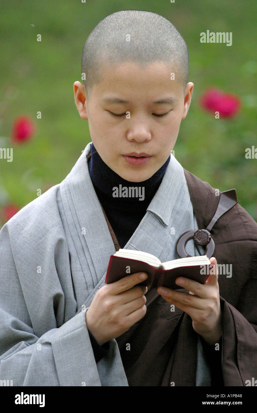 A Korean Zen Buddhist nun reads from a book in Bodhgaya in Bihar in