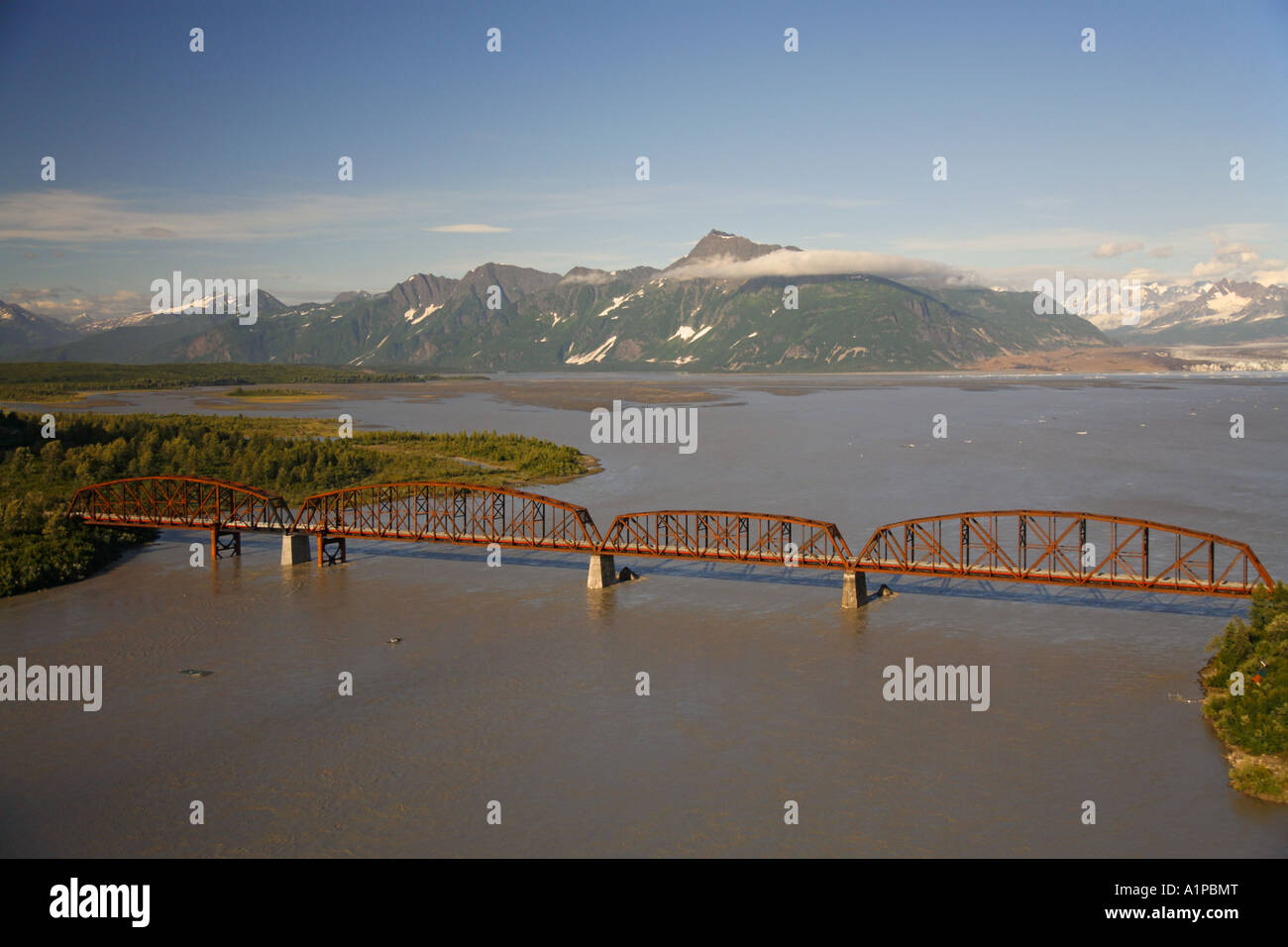 Aerial Million Dollar Bridge crossing the Copper River Chugach National ...