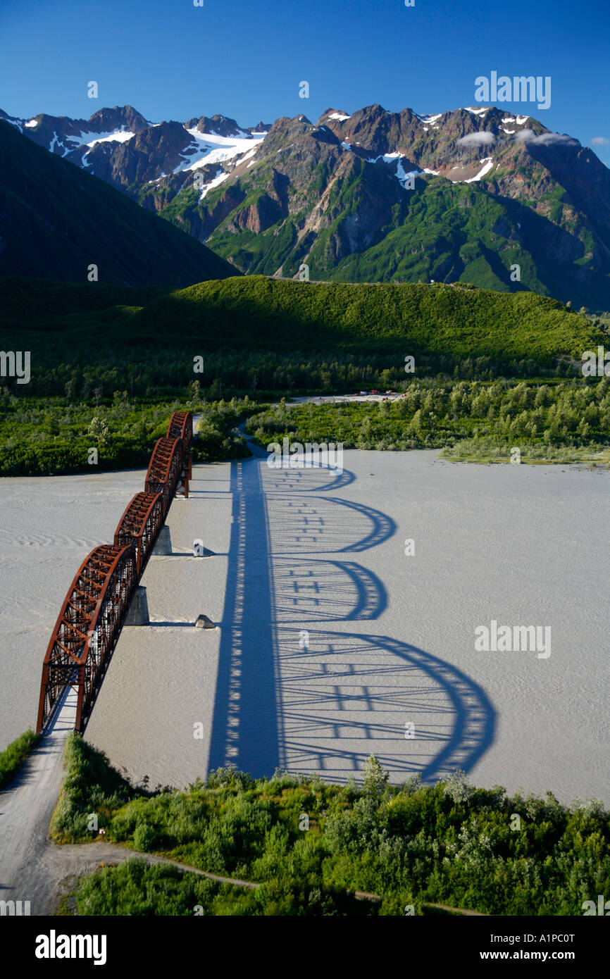 Aerial Million Dollar Bridge crossing the Copper River Chugach National Forest near Cordova Alaska Stock Photo
