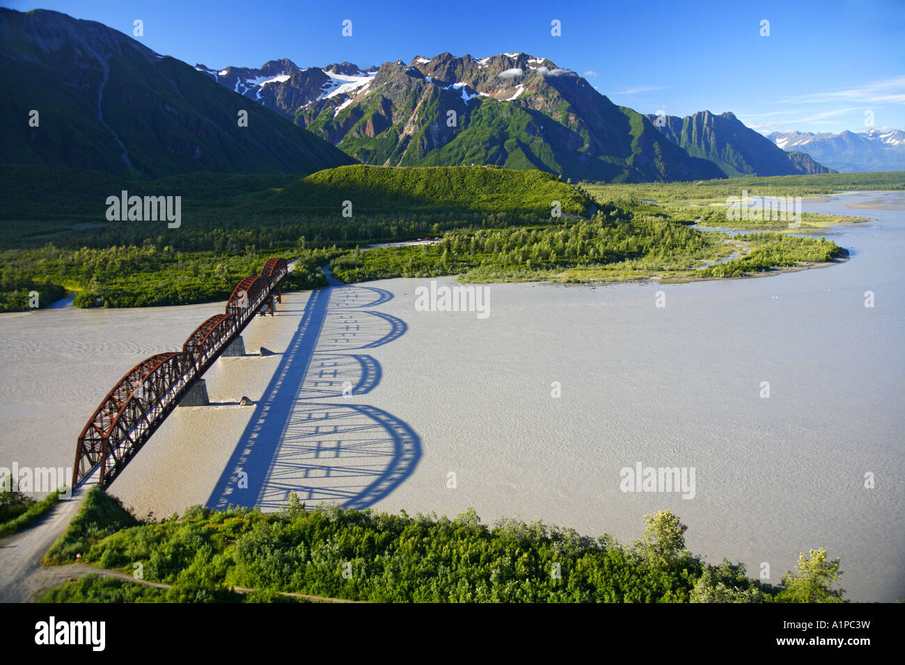 Aerial Million Dollar Bridge crossing the Copper River Chugach National Forest near Cordova Alaska Stock Photo
