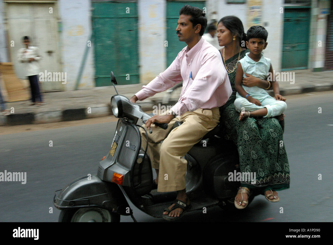 A family on a motorcycle in Chennai Madras in India Stock Photo