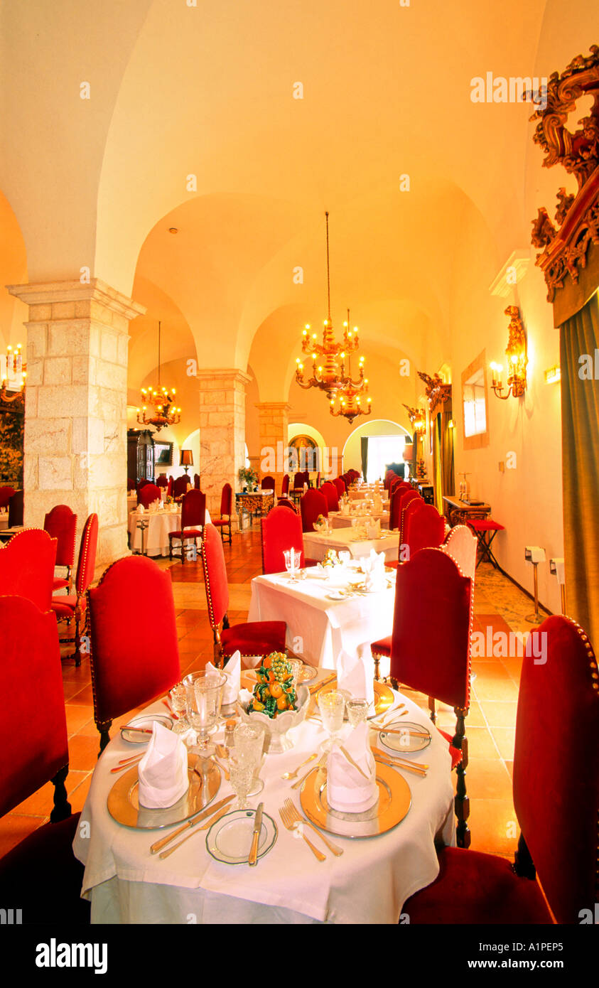 Dining Room of the Pousada Rainha Santa Isabel, Estremoz, Alentejo, Portugal, Europe Stock Photo
