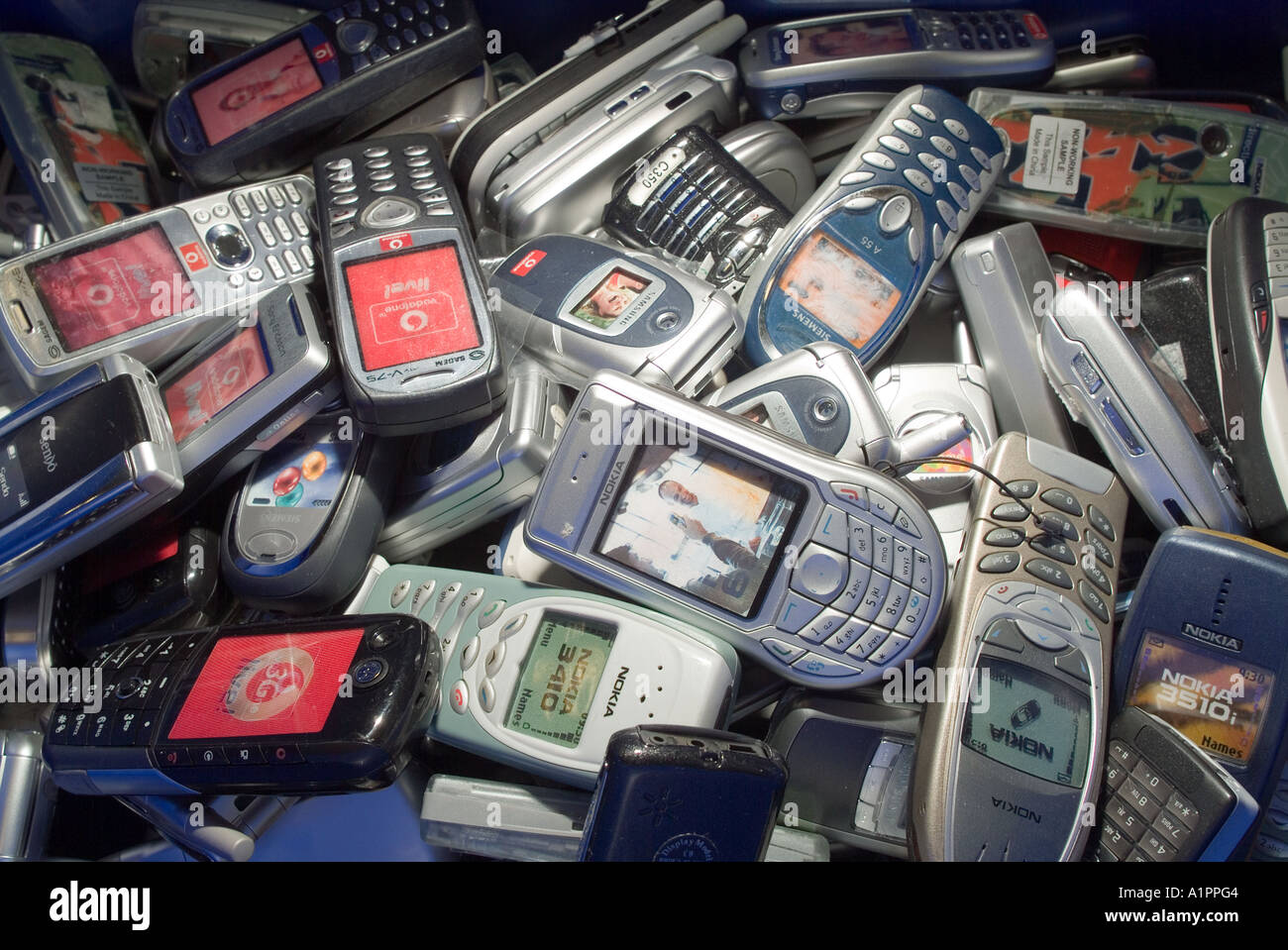 pile of used mobile telephones Stock Photo