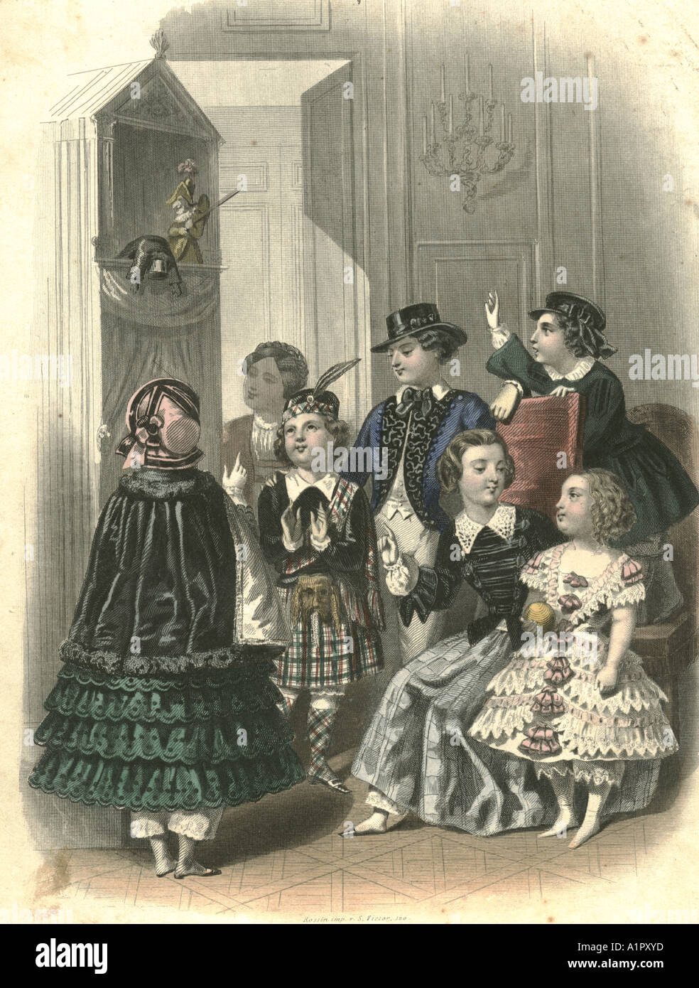 Punch & Judy show on fashion plate circa 1850 Stock Photo