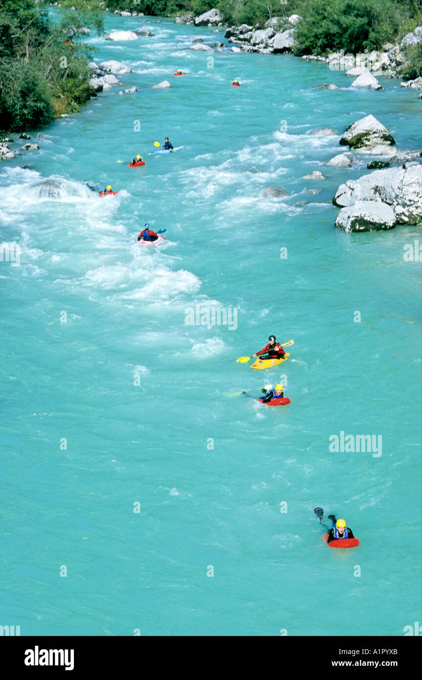 Hydrospeeding, Rafting  and Kayaking at river Soca, Kobarid, Slovenia, Europe Stock Photo