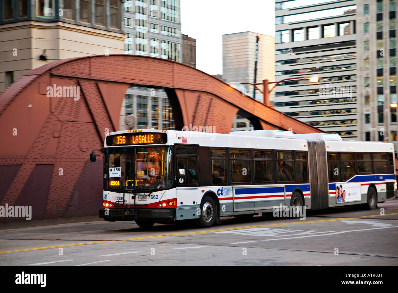 ILLINOIS Chicago Accordion CTA public transportation bus on bridge over