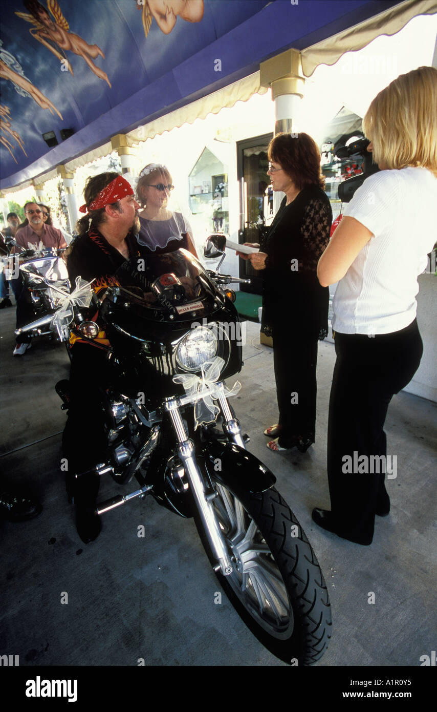 A Hells Angels biker wedding held at the Little White Wedding Chapel in  Las Vegas Nevada USA Stock Photo