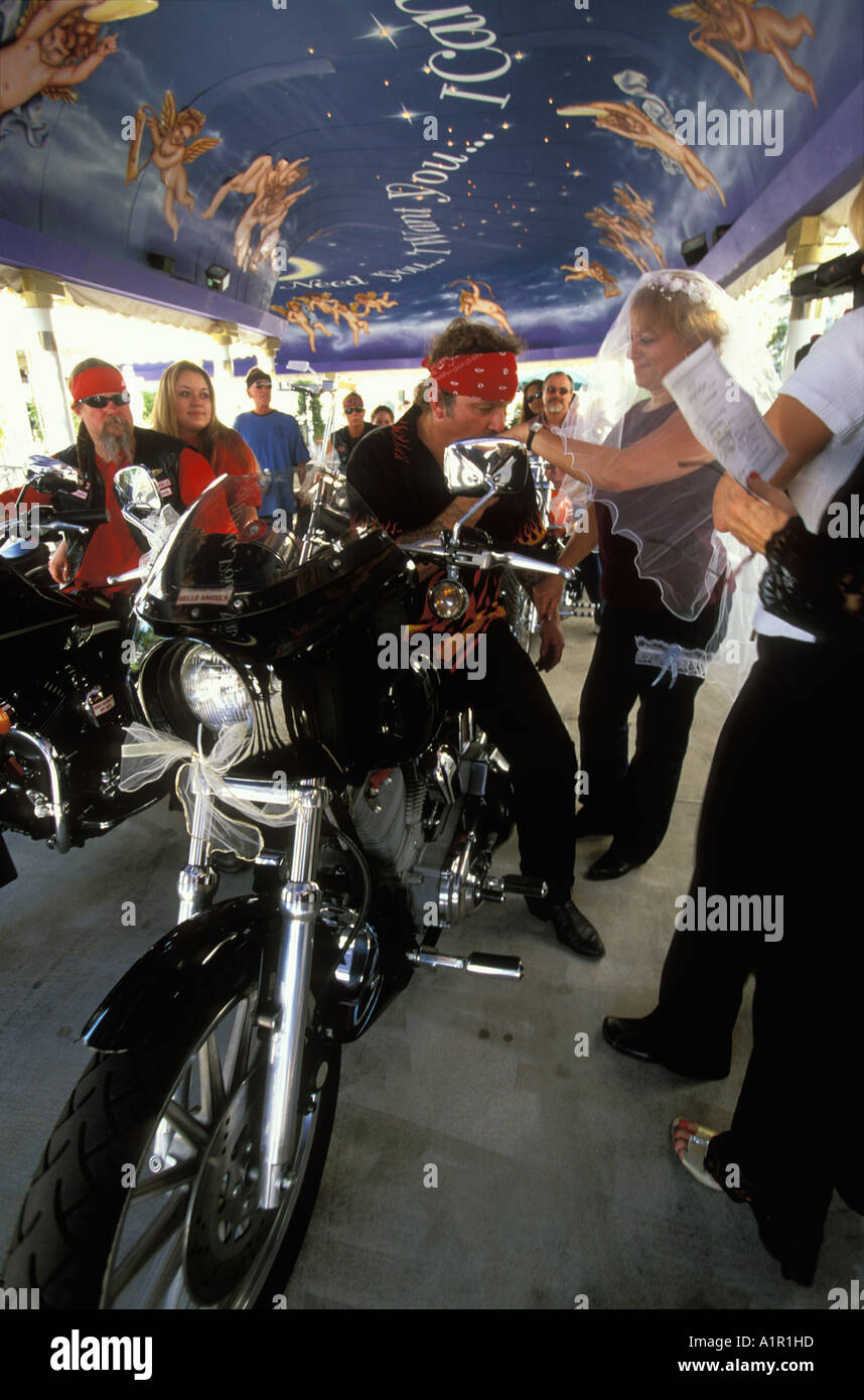 A Hells Angels drive thru biker wedding held at A Little White Wedding  Chapel in Las Vegas Nevada USA Stock Photo