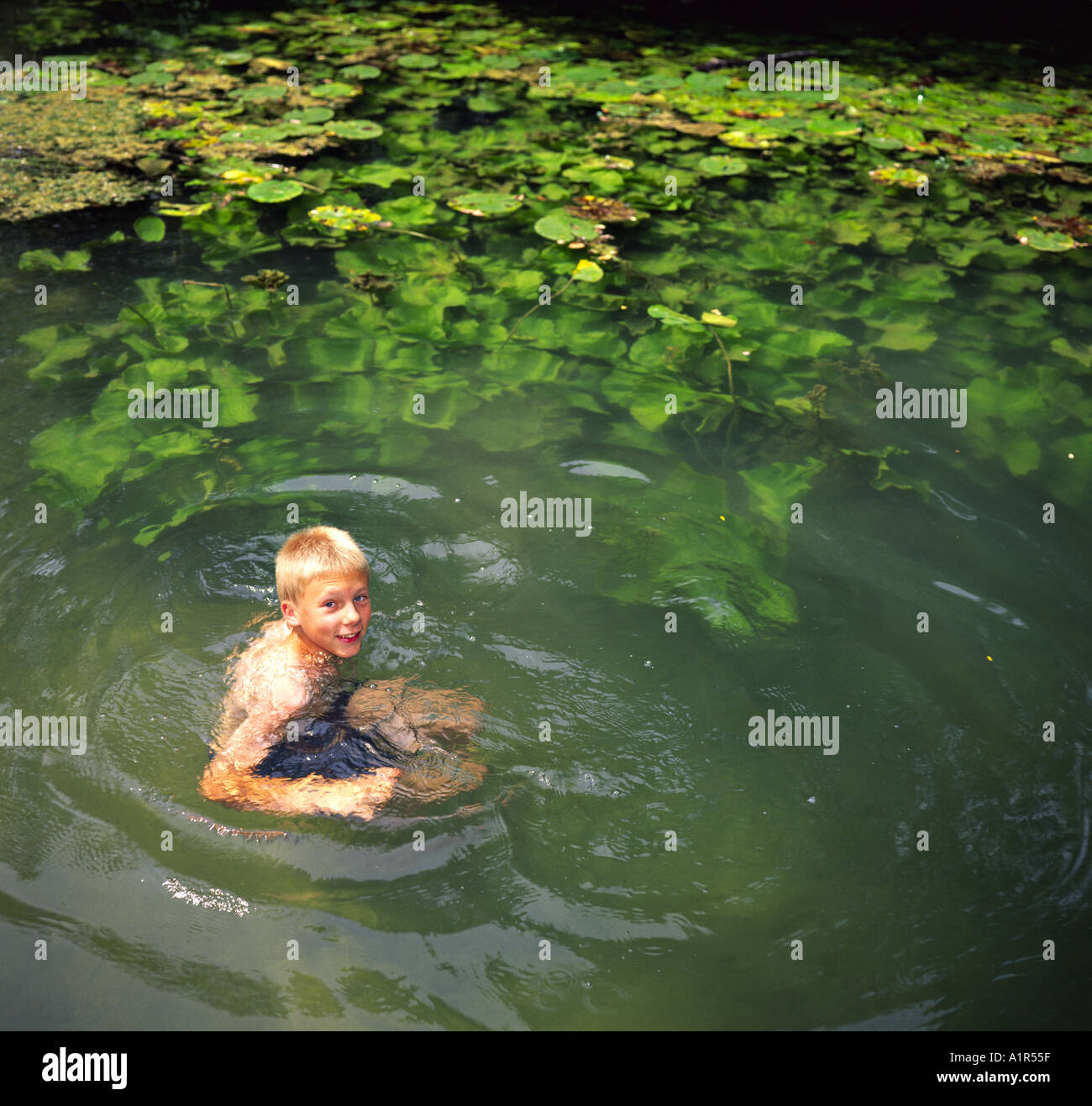 fair haired boy having a bath in a pond MR Stock Photo Alamy