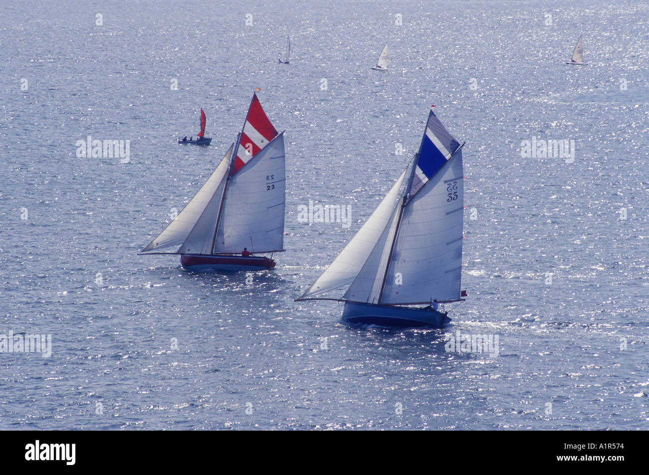 Gaff rigged boats sailing on the Carrick Roads Falmouth Cornwall Stock
