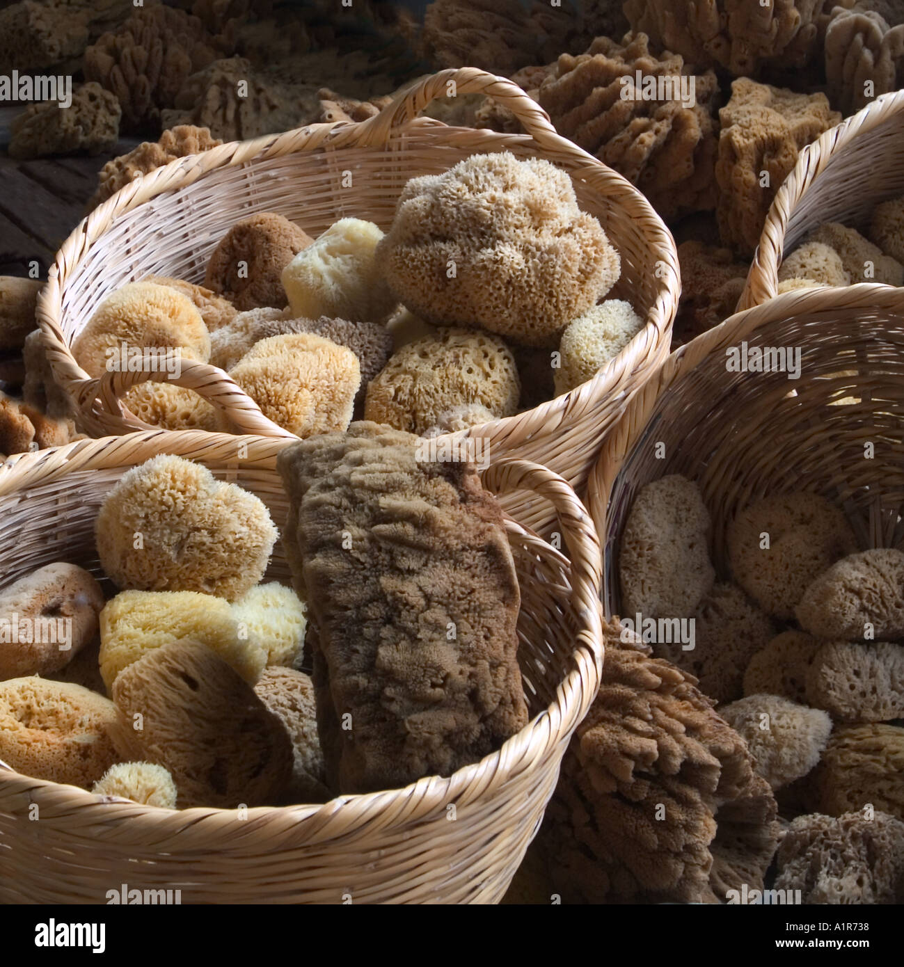 baskets full of sea sponges in the old town of Limassol cyprus Stock