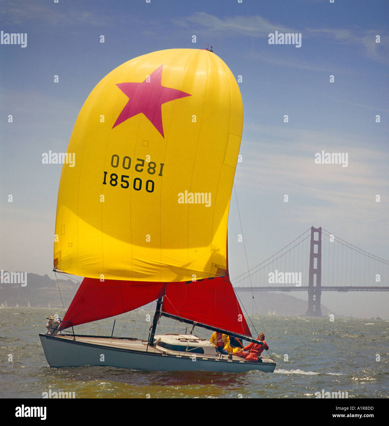 yacht sailing near Golden Gate Bridge in San Francisco California USA Stock Photo
