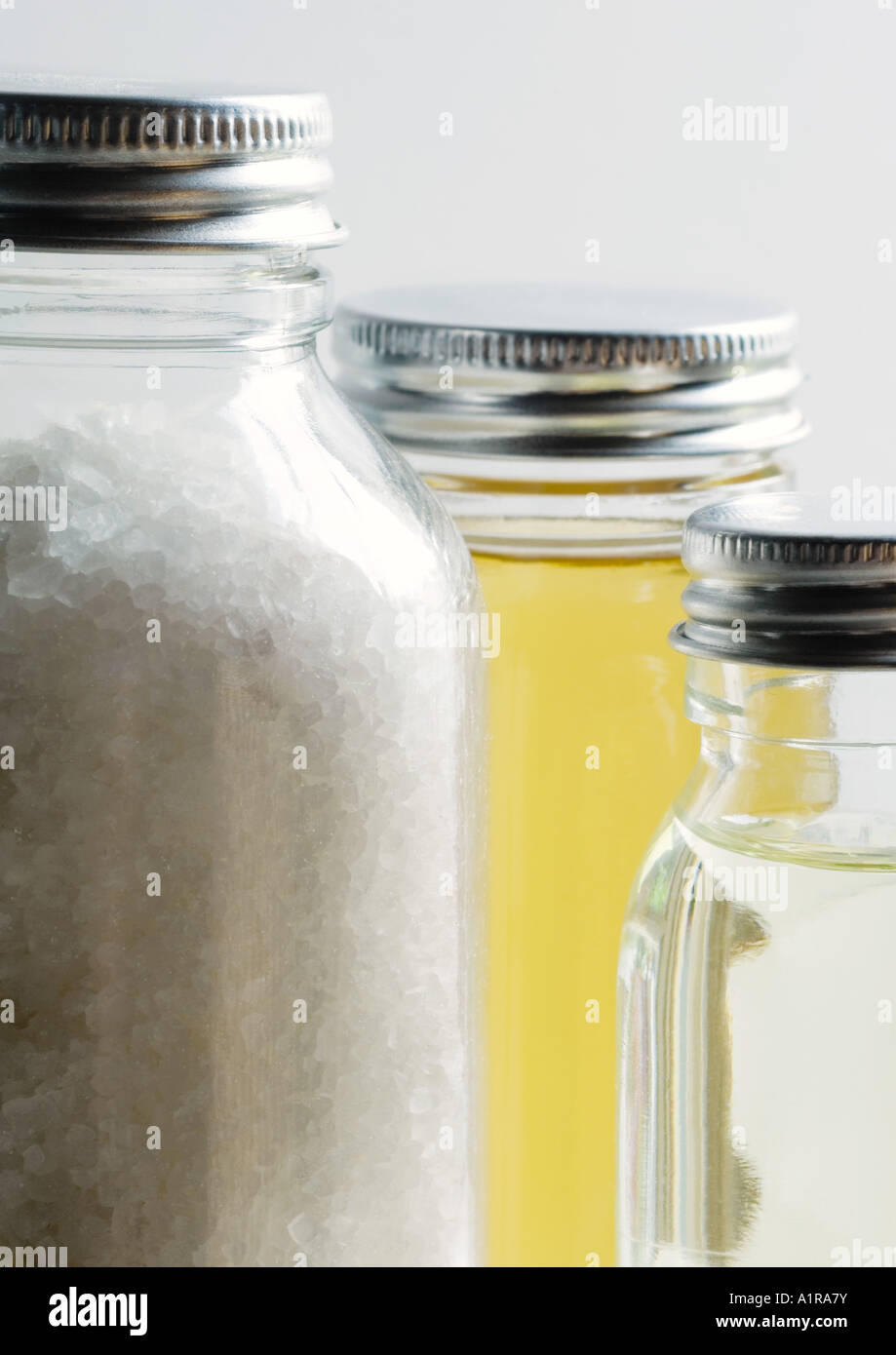 Bottles of essential oils and bath salt Stock Photo