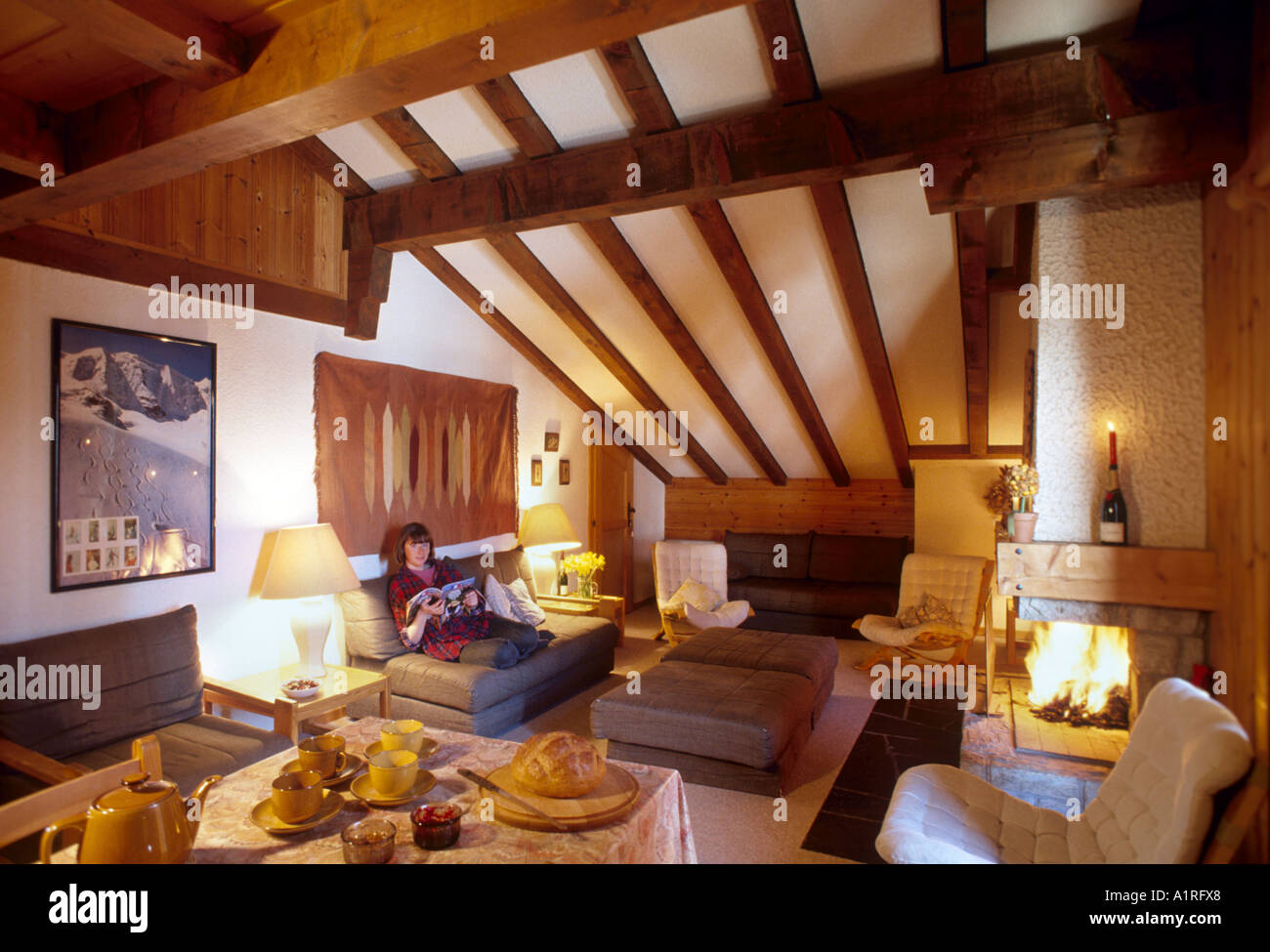 Afternoon tea in a traditional ski chalet, Verbier, Bernese Alps, Switzerland Stock Photo