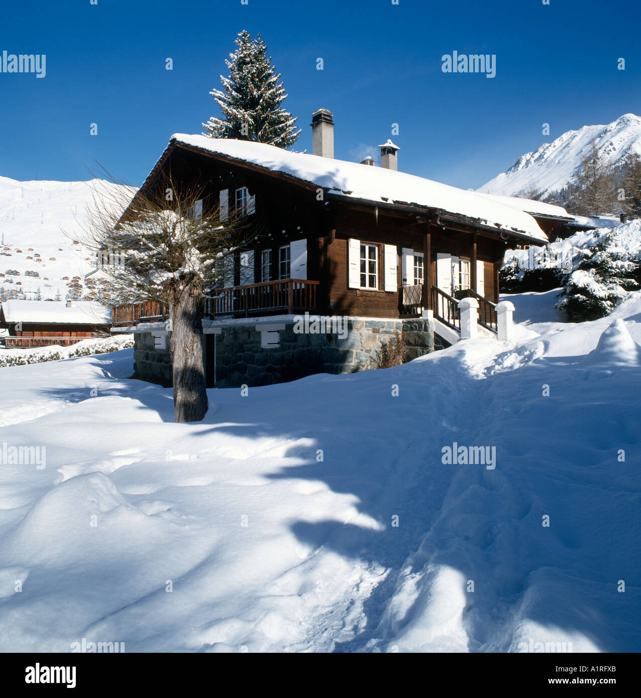 Typical traditional Swiss Chalet, Verbier, Bernese Alps, Switzerland Stock Photo
