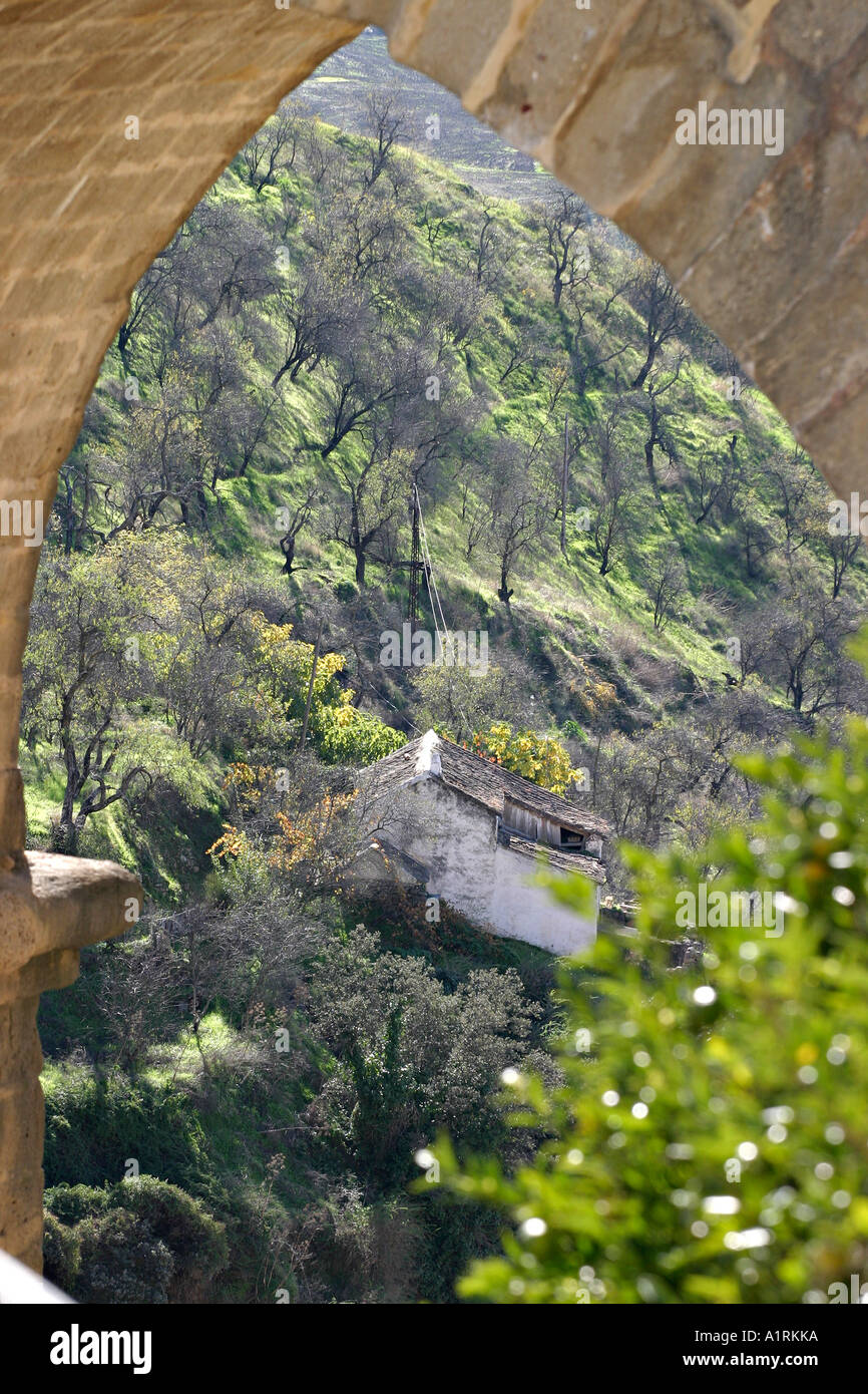 A small whitewashed house set in an olive orchard framed by the arch of the famous new bridge 1793 in Ronda Stock Photo