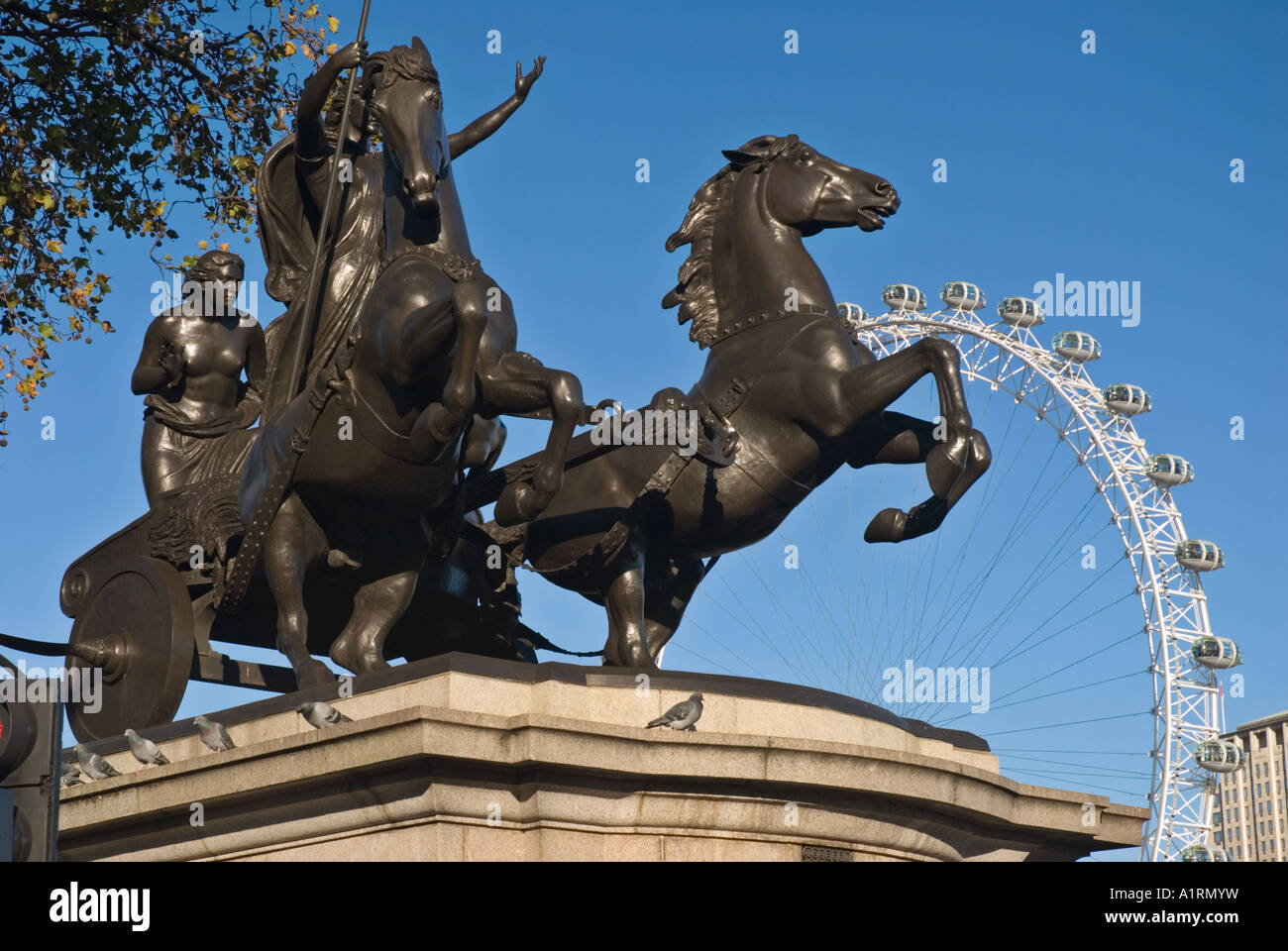 Queen Boadicea statue and Millennium Wheel London UK Stock Photo