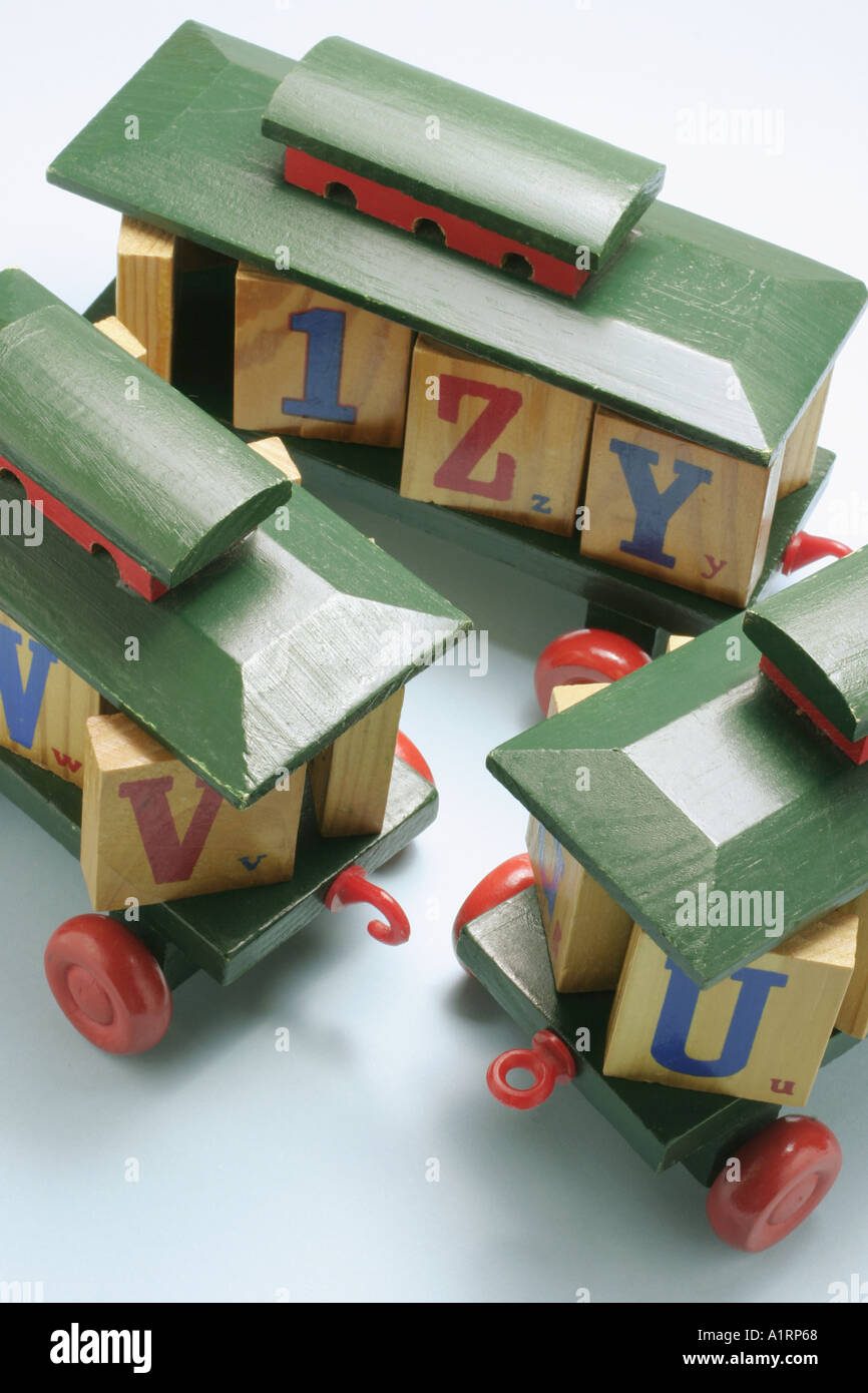 Wooden Toy Train with Alphabet Blocks Stock Photo - Alamy