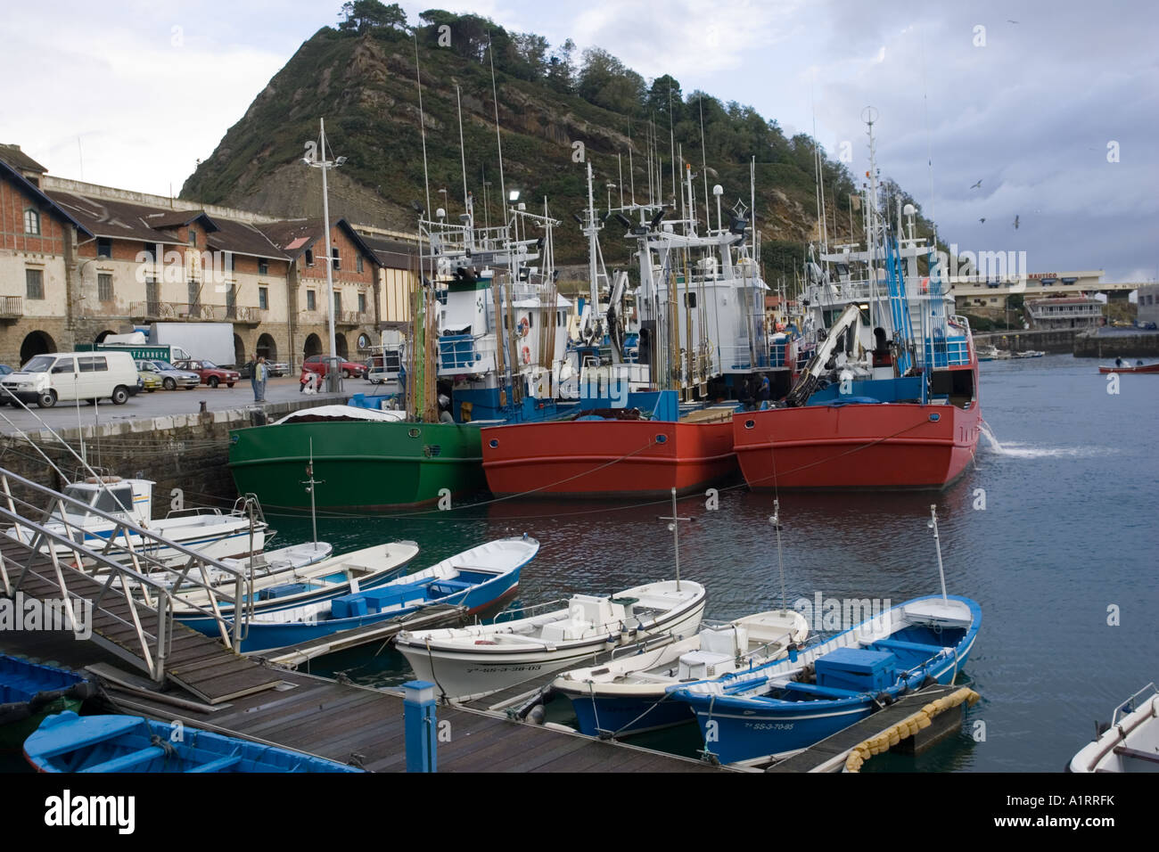 Spanish fishing trawlers in harbour Zumaia Costa Vasca Euskal Herria Spain Stock Photo