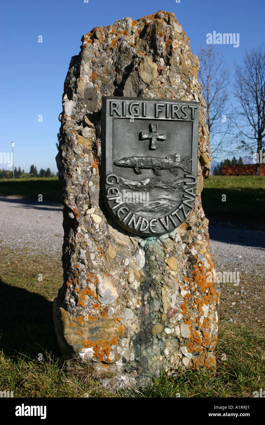 Rigi First village sign on a pillar, Switzerland. Stock Photo