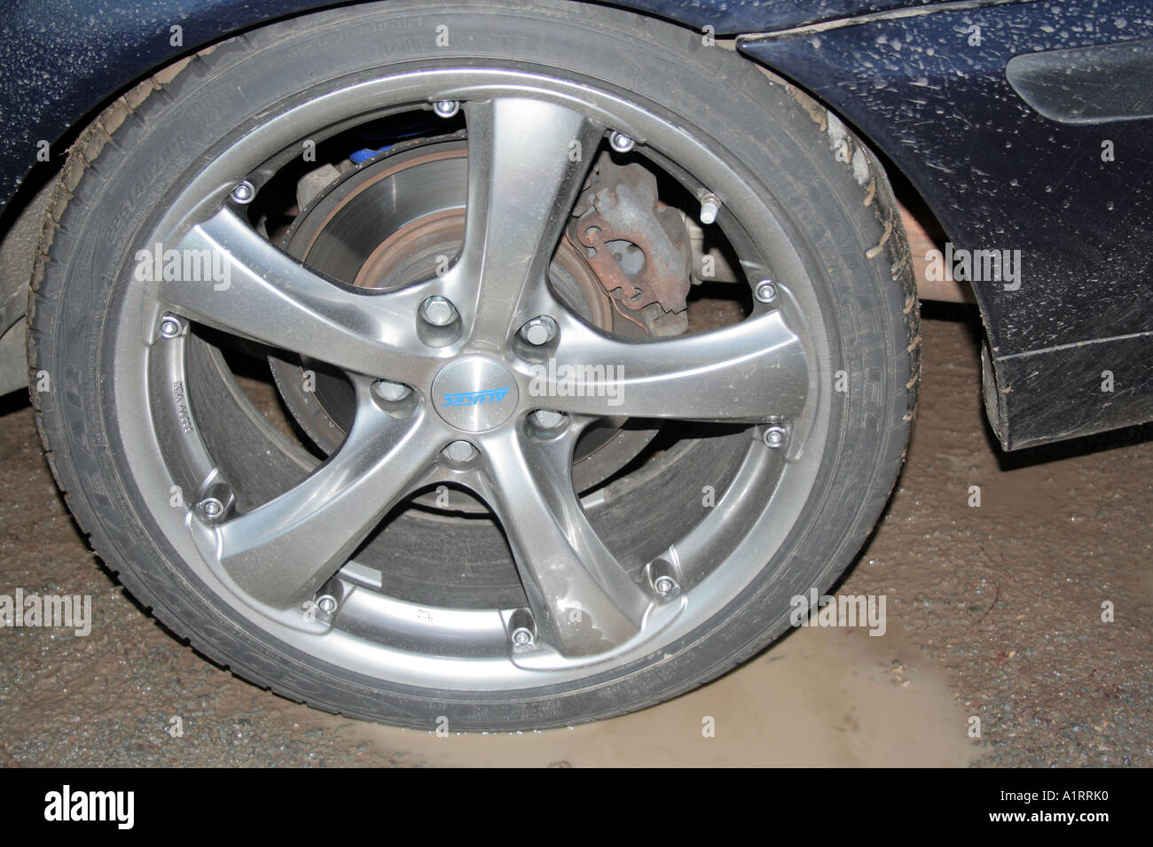 open brake disc on BMW car tyre Stock Photo