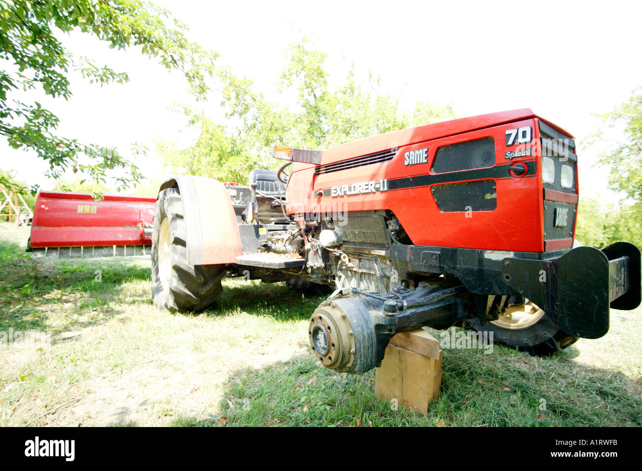 Tractor Using Blocks Tractor with a Puncture Up on Blocks Stock Photo - Alamy
