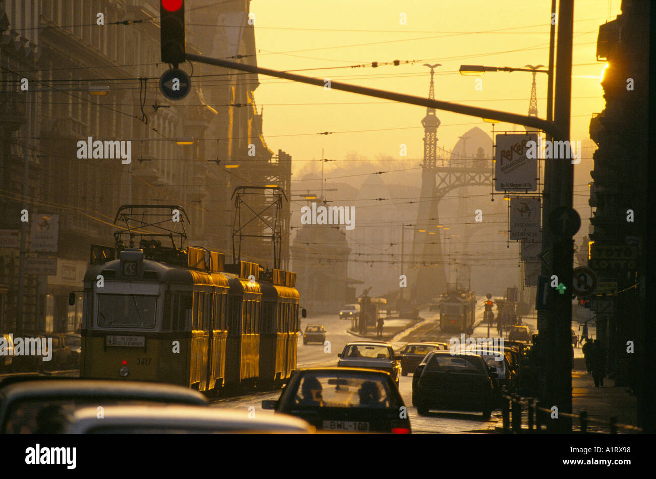 BUDAPEST STREET SCENE WITH CARS TRAFFIC LIGHTS TRAMS POWER CABLES