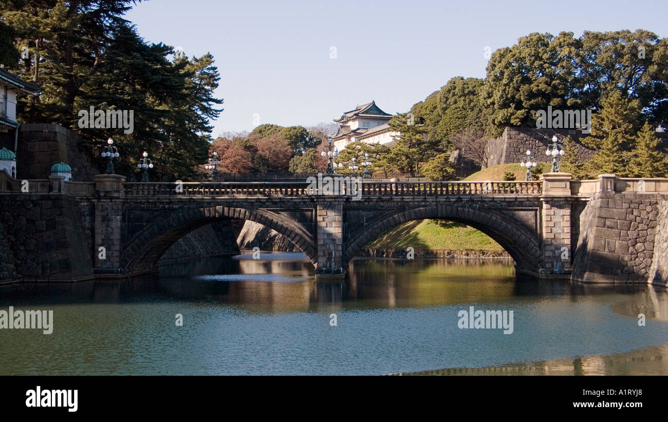 The double bridge at Nijubashi is located in a photogenic corner of the Imperial Palace gardens Tokyo Japan Stock Photo