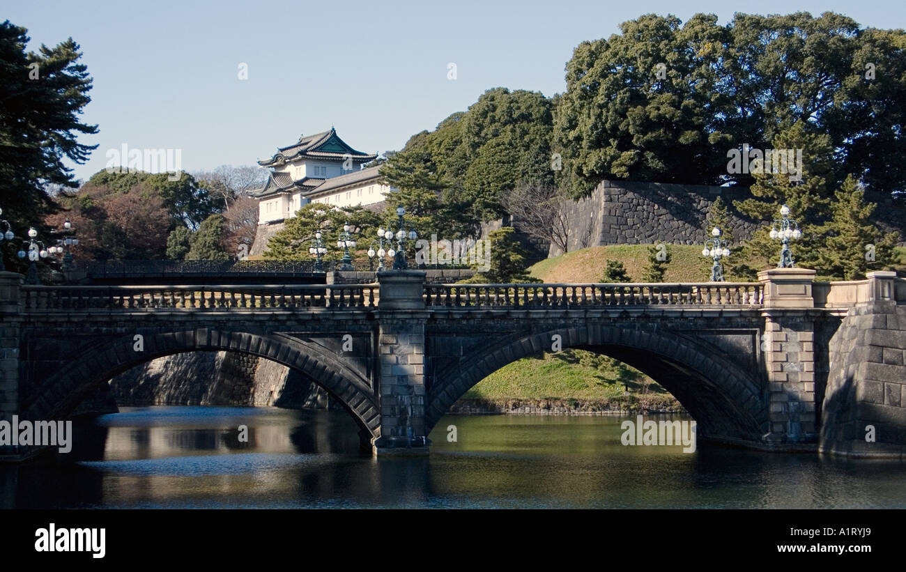 The double bridge at Nijubashi is located in a photogenic corner of the Imperial Palace gardens Tokyo Japan Stock Photo