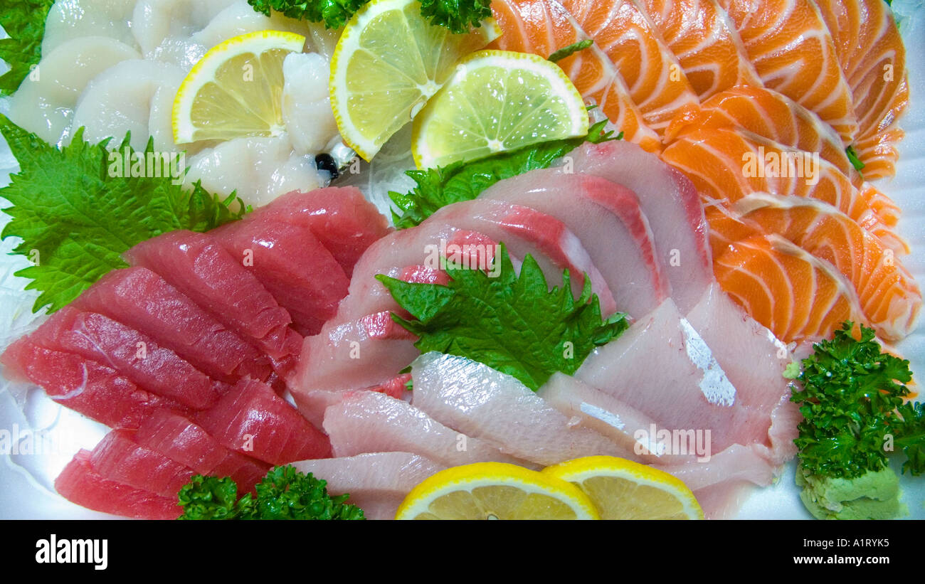 Platter of fresh sashimi Salmon tuna scallops Japan Stock Photo Alamy